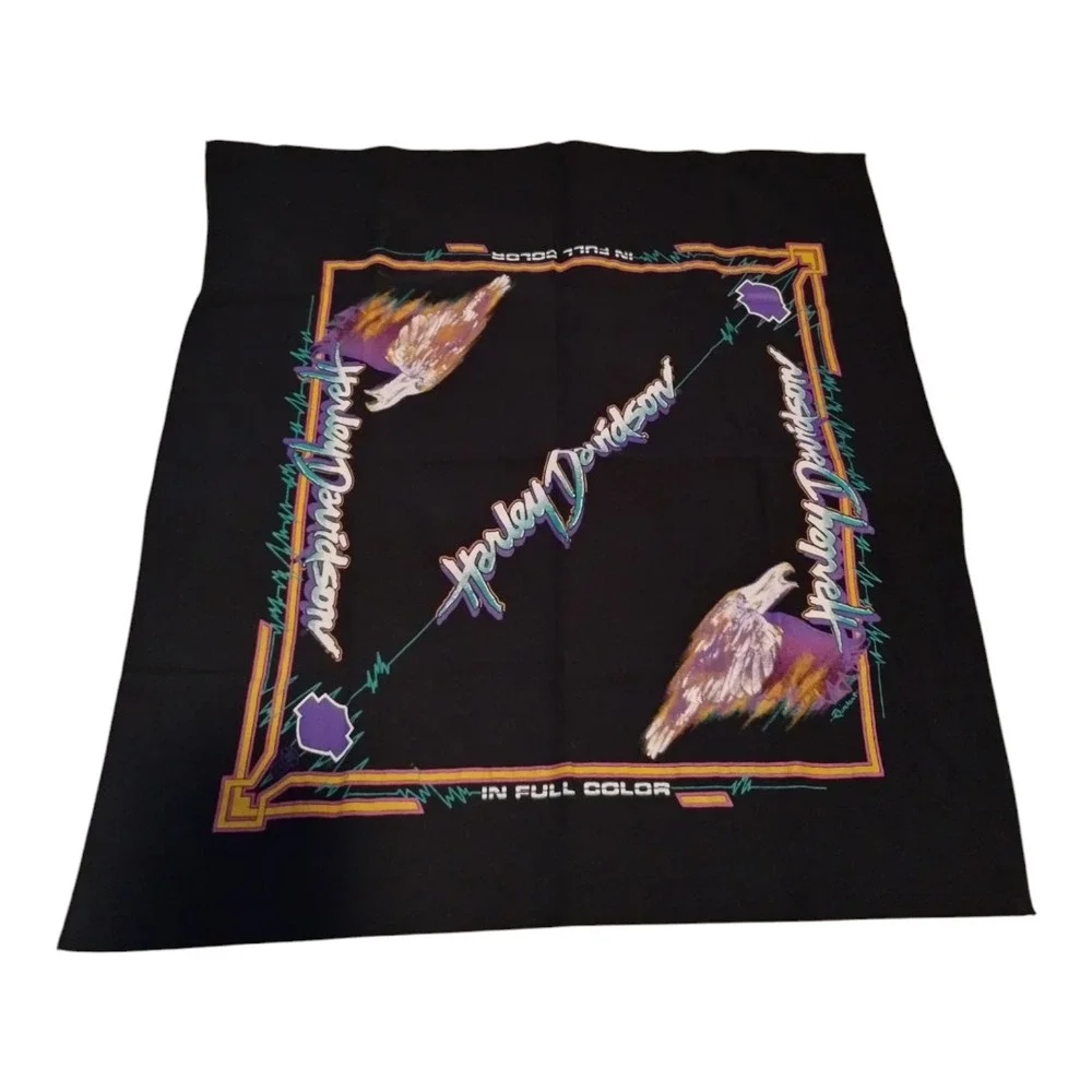 Vintage 90s Harley Davidson In Full Color Motorcycle Bandana Handkerchief‎ Black
